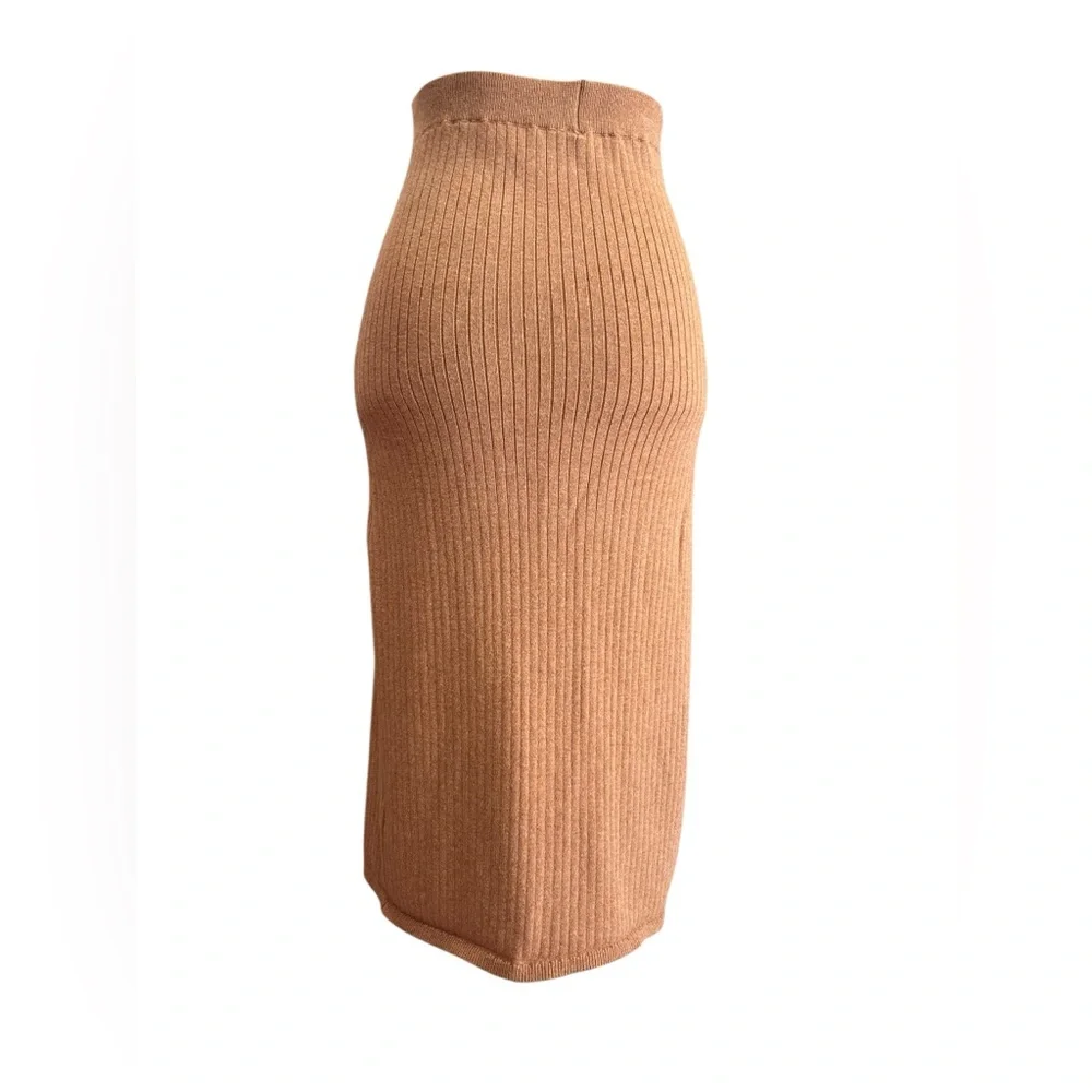 Free People Skyline Camel Ribbed Knit Midi Pencil Skirt Front Slit Size S